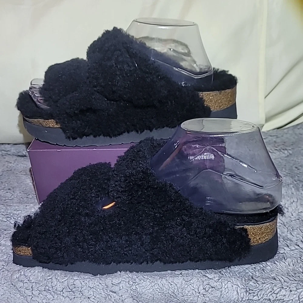 Papillio By Birkenstock Arizona Big Buckle Teddy Black Shearling Sandals‎ Size 8